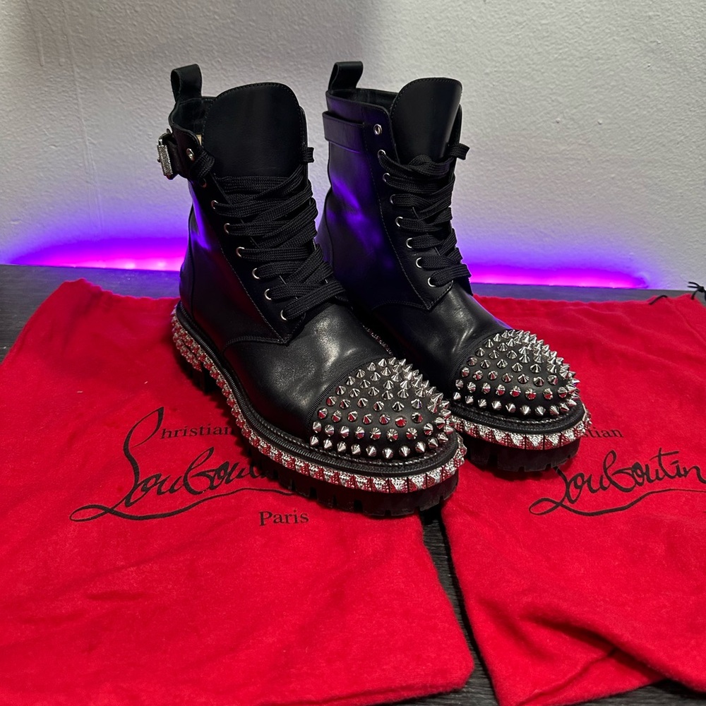 Christian Louboutin King St P Spikes Flat Calf Ingrassato- Size 37